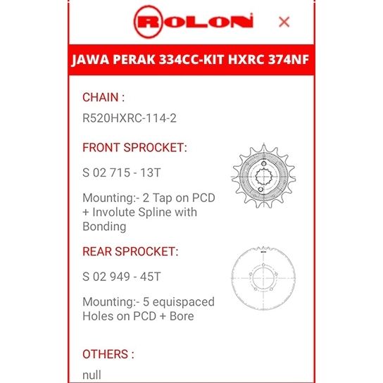 Jawa Perak Rolon X-Ring Chain Sprocket kit 374NF