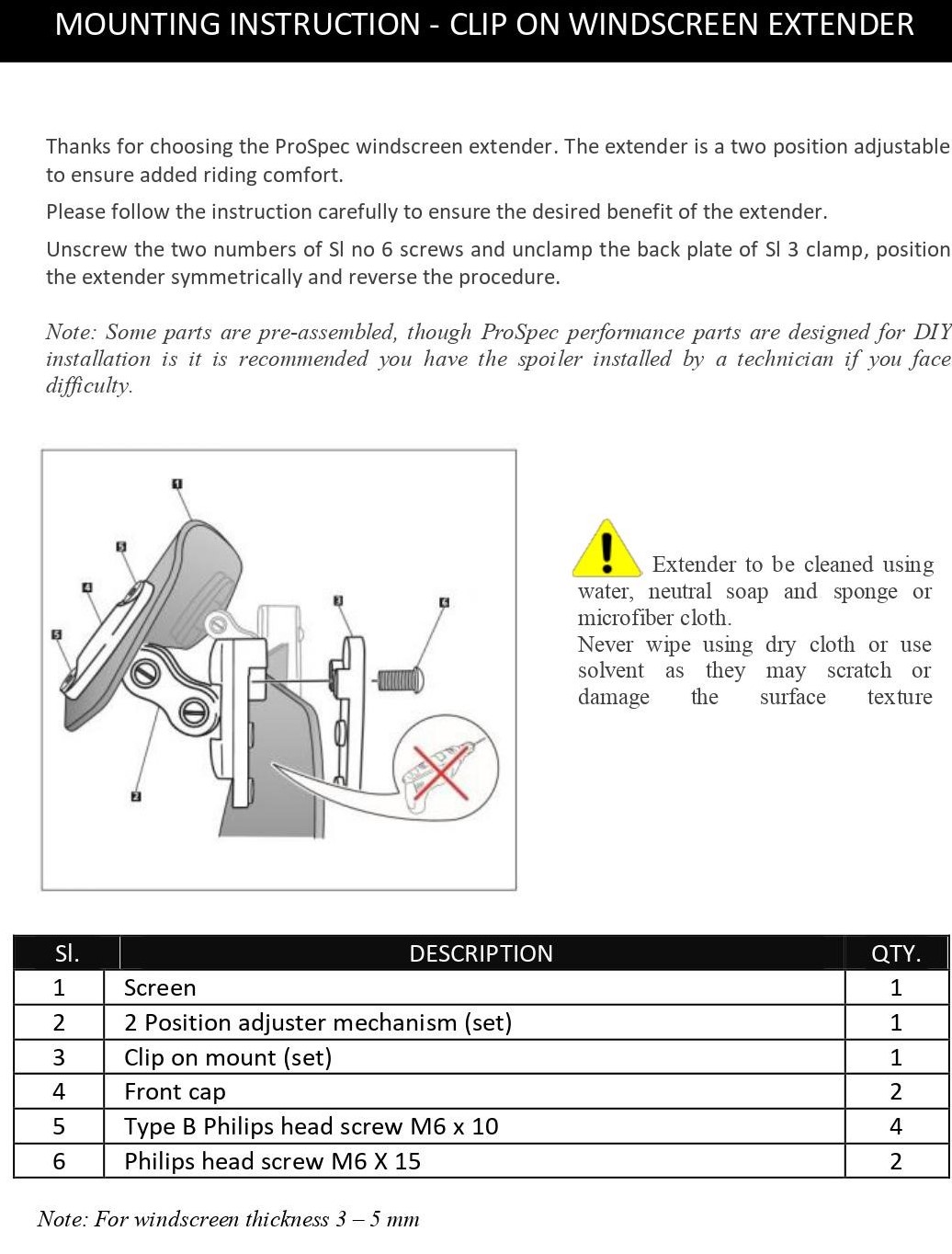 Pro-Spec easy ride clip on windshild extender installation instructions